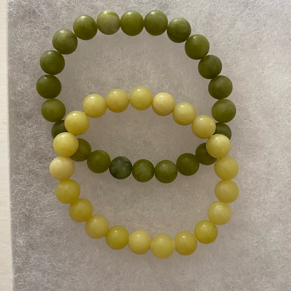 Elegant Green Jade and Yellow Jade Gemstone Beaded Stretch Bracelet Set
